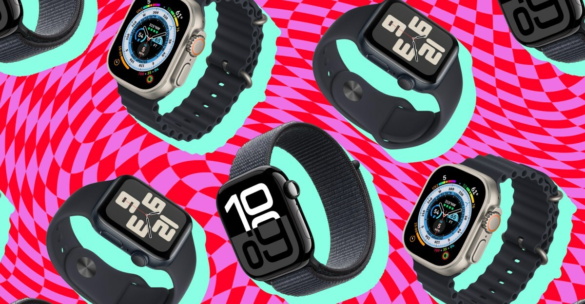 Various models of Apple Watch on a graphic background.