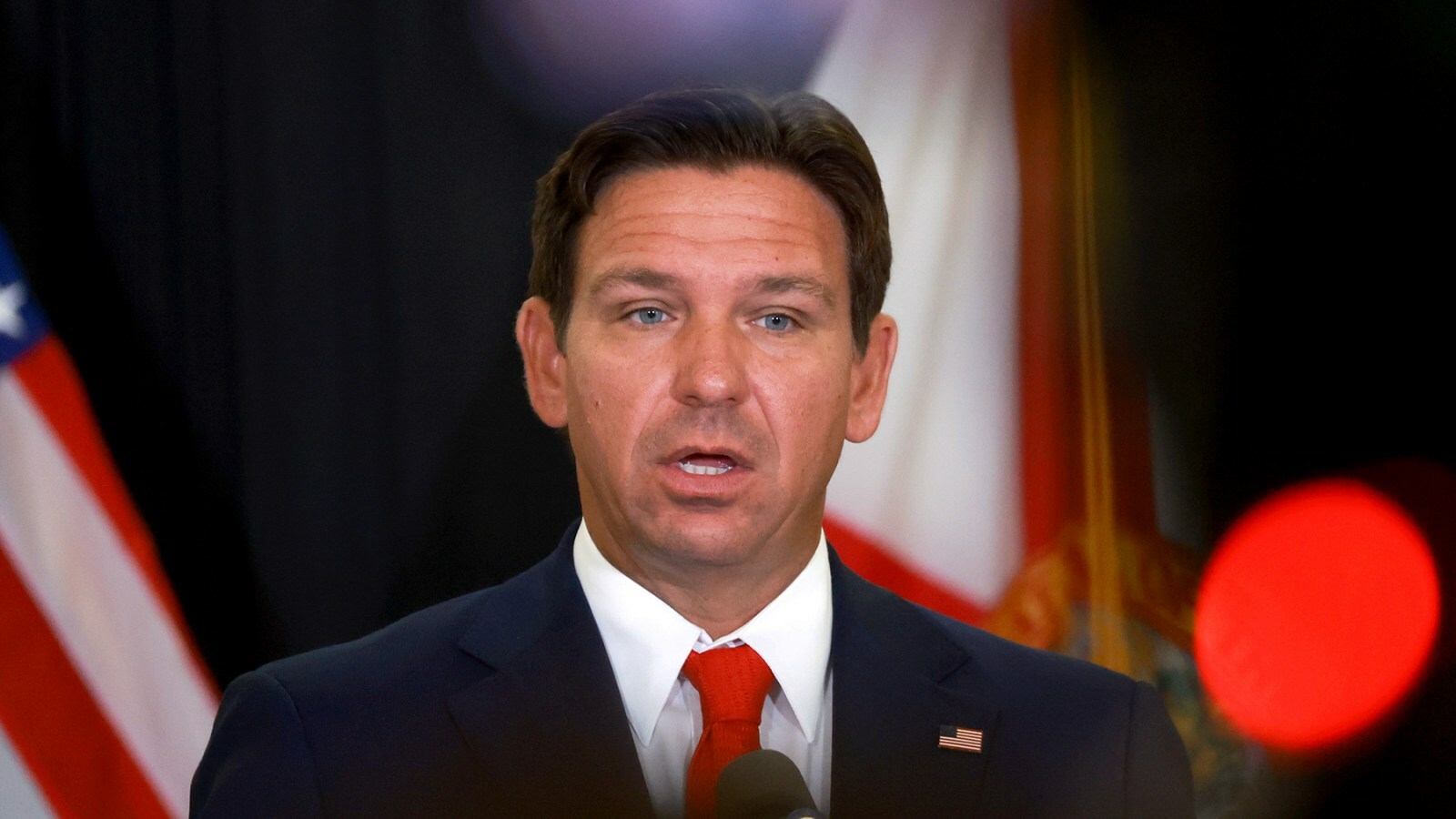 Florida Gov. Ron DeSantis speaks during a press conference on September 17, 2024 in West Palm Beach, Florida. (Photo by Joe Raedle/Getty Images)