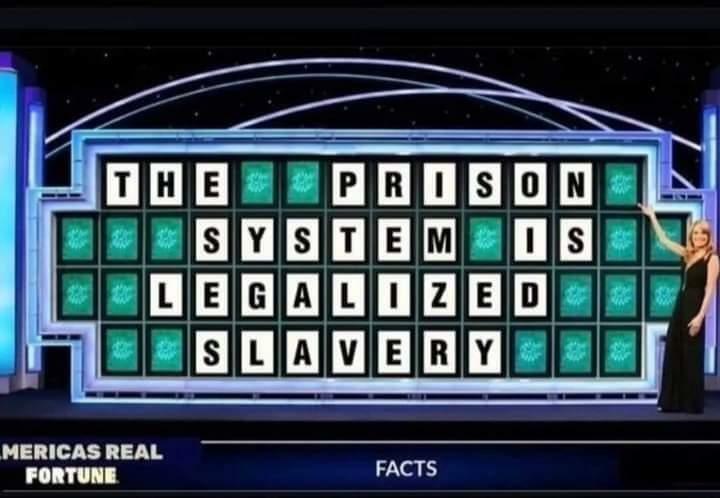 A Wheel of Fortune letter board for the category "facts":
the prison system is legalized slavery