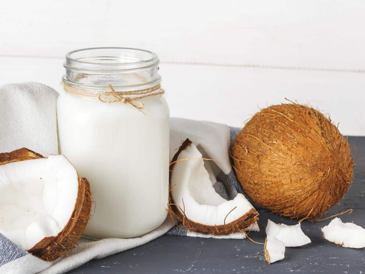 A jar of coconut milk is placed next to a whole coconut and its broken pieces on a black surface with a white background.