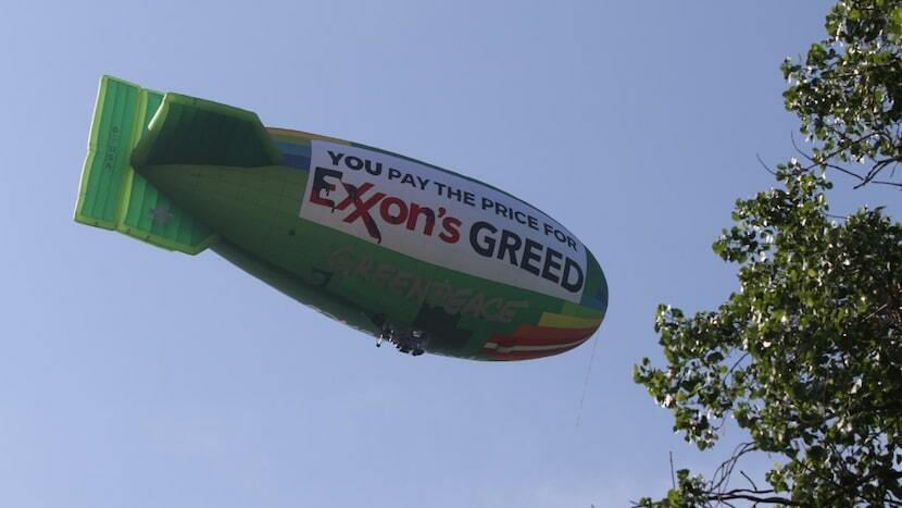 A Greenpeace blimp, protesting Exxon, headed back to Dallas Executive Airport after flying over Dallas as Exxon's annual shareholders met at the Meyerson Symphony Center in 2017.