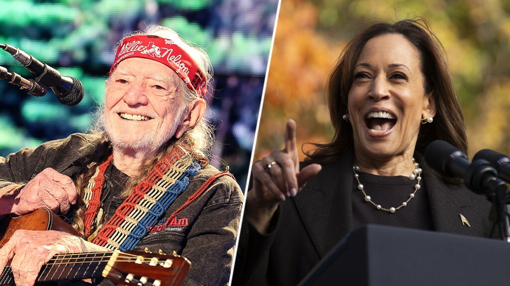 Willie Nelson sits at a mic onstage and holds his guitar; Kamala Harris and points to the audience while speaking at a podium Willie Nelson sits at a mic onstage and holds his guitar; Kamala Harris and points to the audience while speaking at a podium