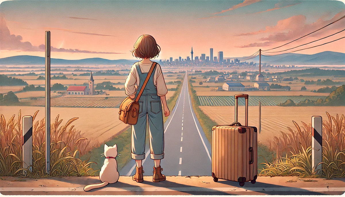 Anime-style illustration of a young woman with short hair standing on a rural roadside, facing a distant city skyline. She wears overalls and has a suitcase beside her. A white cat sits at her feet. The road stretches towards the city through fields and farmland. The sky has a warm, sunset glow.