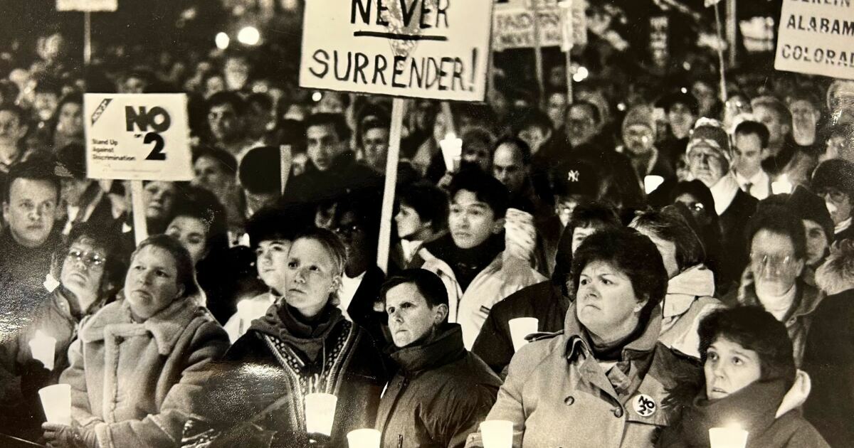 Rocky Mountain News Photograph Collection. Denver Public Library Digital Collections Thousands of people gathered at the west steps of the state Capitol on Nov. 4, 1992 to protest against the passage of Amendment 2. Residents also wrote letters to newspapers saying they were "shocked" and "outraged" by the election outcome.