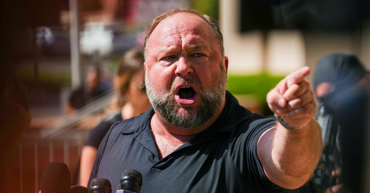 Alex Jones Speaks To The Media Outside The Sandy Hook Trial In Waterbury, Connecticut