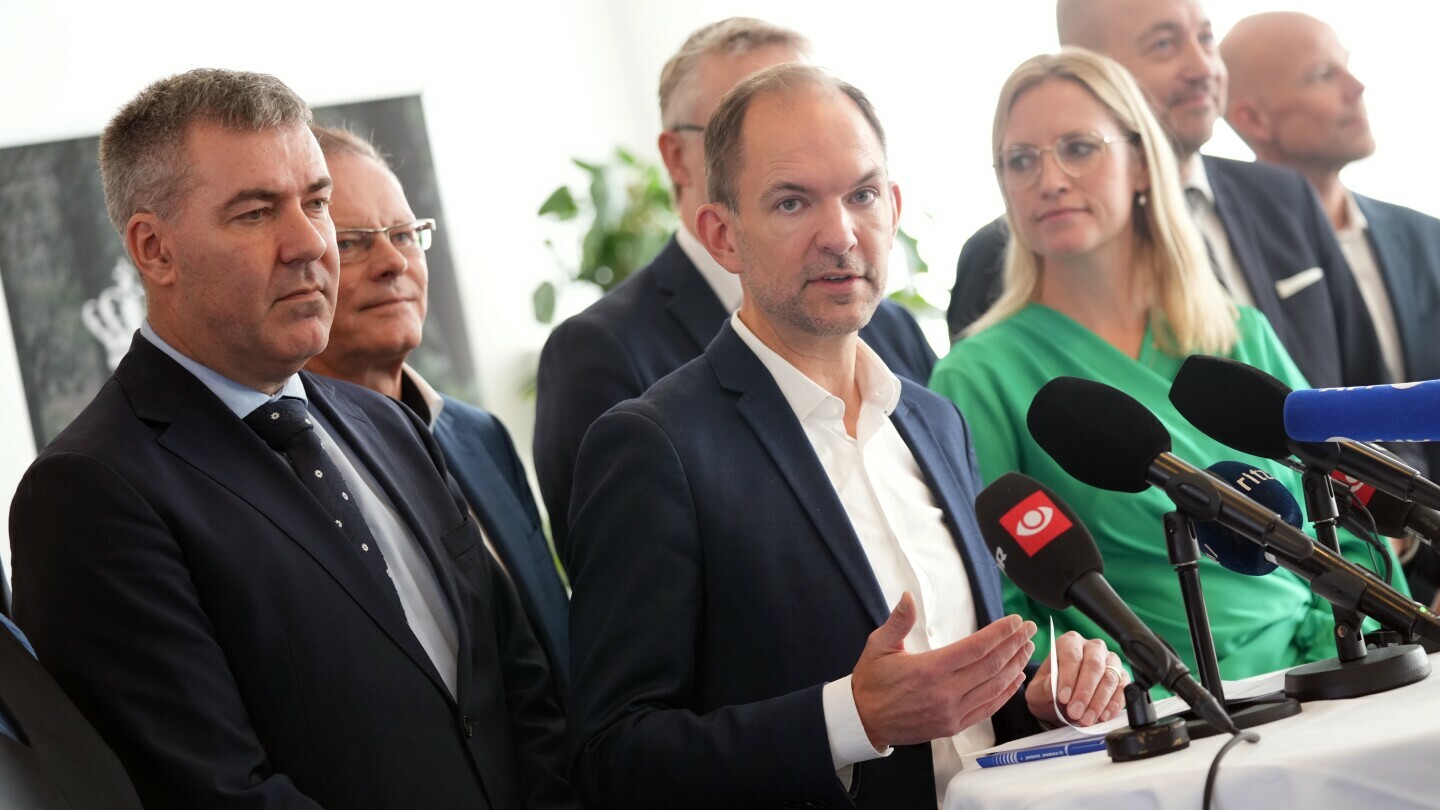 Denmark's Minister for the Green Tripartite Jeppe Bruus, center, and members of the coalition present a political agreement on the so-called green tripartite deal at the ministry in Copenhagen, Denmark, Monday, Nov. 18, 2024. (Ida Marie Odgaard/Ritzau Scanpix via AP)