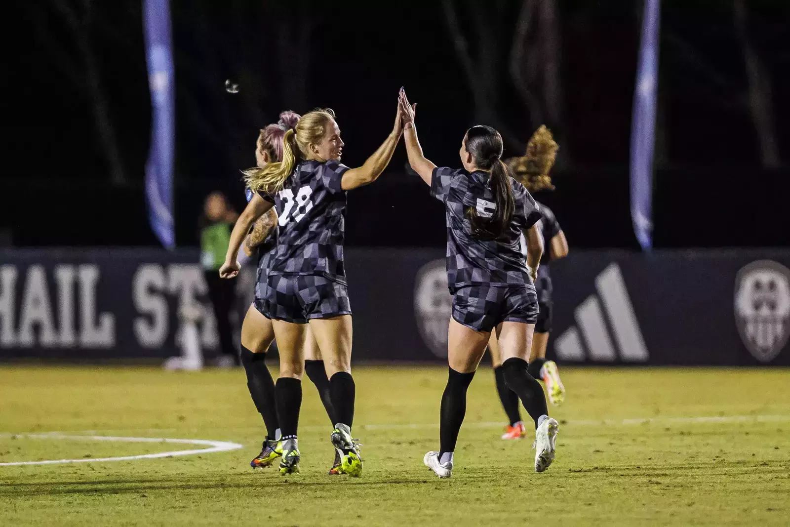 STARKVILLE, MS - November 16, 2024 - Mississippi State Defender Price Loposer (#28) and Mississippi State Midfielder Ally Perry (#5) during the match between the Southern University Jaguars and the Mississippi State Bulldogs at the MSU Soccer Field in Starkville, MS. Photo By Ivy Rose Ball