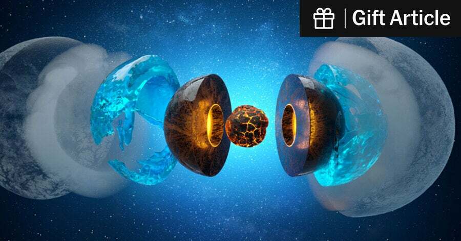 An exploded view of an ice giant planet such as Uranus or Neptune, with its hidden water-rich layer (blue) that has separated from a deeper layer of hot, high-pressure carbon, nitrogen and hydrogen (amber).