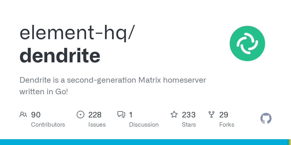 Dendrite is a second-generation Matrix homeserver written in Go!  - GitHub - element-hq/dendrite: Dendrite is a second-generation Matrix homeserver written in Go!