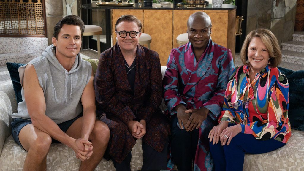 Matt Bomer, Nathan Lane, Nathan Lee Graham and Linda Lavin sit on a couch in a still from 'Mid-Century Modern'.