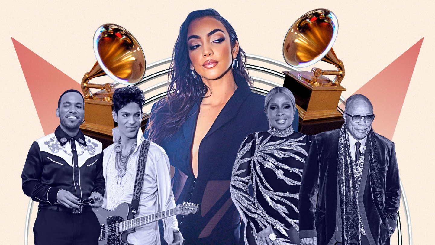 Anderson Paak, Prince, Alissia, Mary J. Blige, and Quincy Jones with Grammy trophies in the background