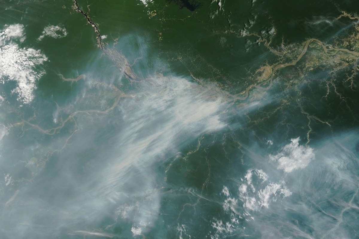 False-colour image captured by the OLI-2 sensor on Landsat 9, showing smoke from understory wildfires burning in densely forested areas south of Manaus in the Brazilian Amazon. Credit: NASA Earth Observatory images by Lauren Dauphin, using MODIS data from NASA EOSDIS LANCE and GIBS/Worldview and Landsat data from the U.S. Geological Survey.