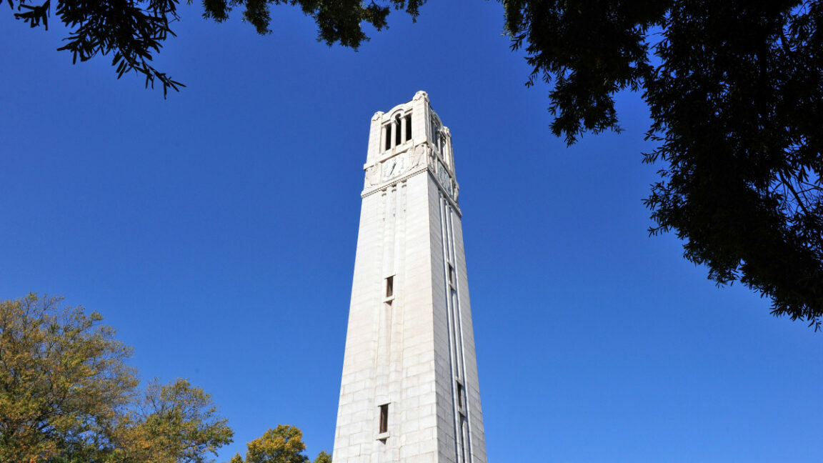 A view of the Bell Tower on the campus of North Carolina State University in Raleigh, North Carolina.