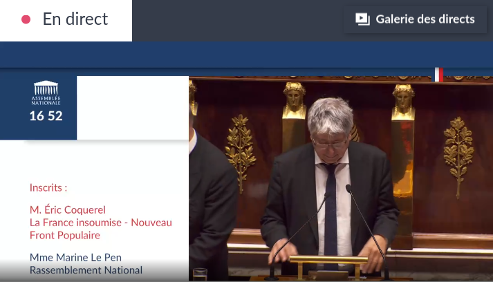 Copie d'écran du flux vidéo du direct de l'Assemblée Nationale, montrant Eric Coquerel commençant sont intervention.