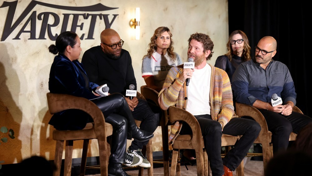 WEST HOLLYWOOD, CALIFORNIA - DECEMBER 05: (L-R) Jazz Tangcay, Senior Artisans Editor, Variety, Shaye Ogbonna, Lauren LeFranc, Joshua Zetumer, Laura Eason and Marco Ramirez speak onstage during Variety’s A Night in the Writers' Room: Awards Season Edition at The London West Hollywood at Beverly Hills on December 05, 2024 in West Hollywood, California.  (Photo by Randy Shropshire/Variety via Getty Images)