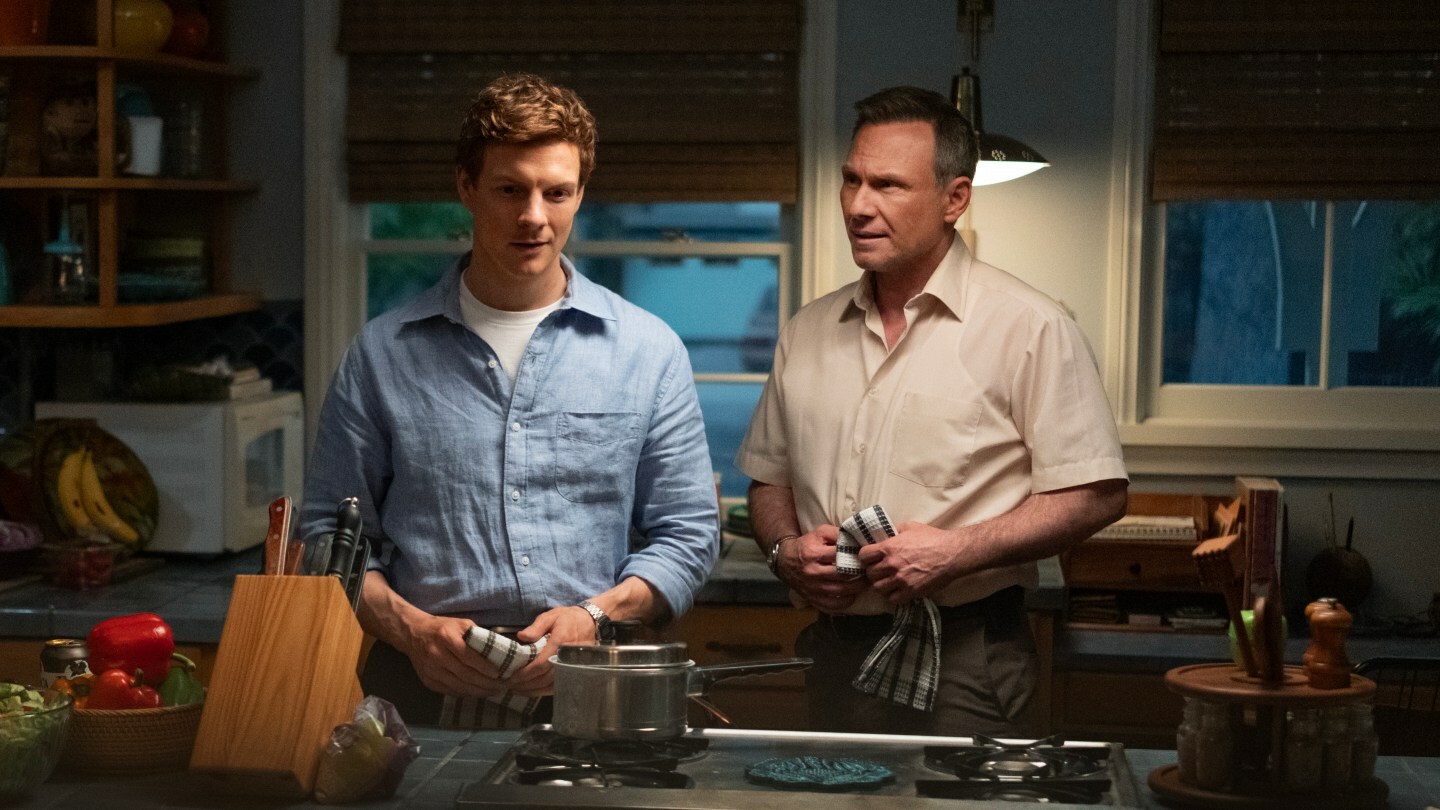 Patrick Gibson as Dexter Morgan and Christian Slater as Harry Morgan in 'Dexter: Original Sin.'