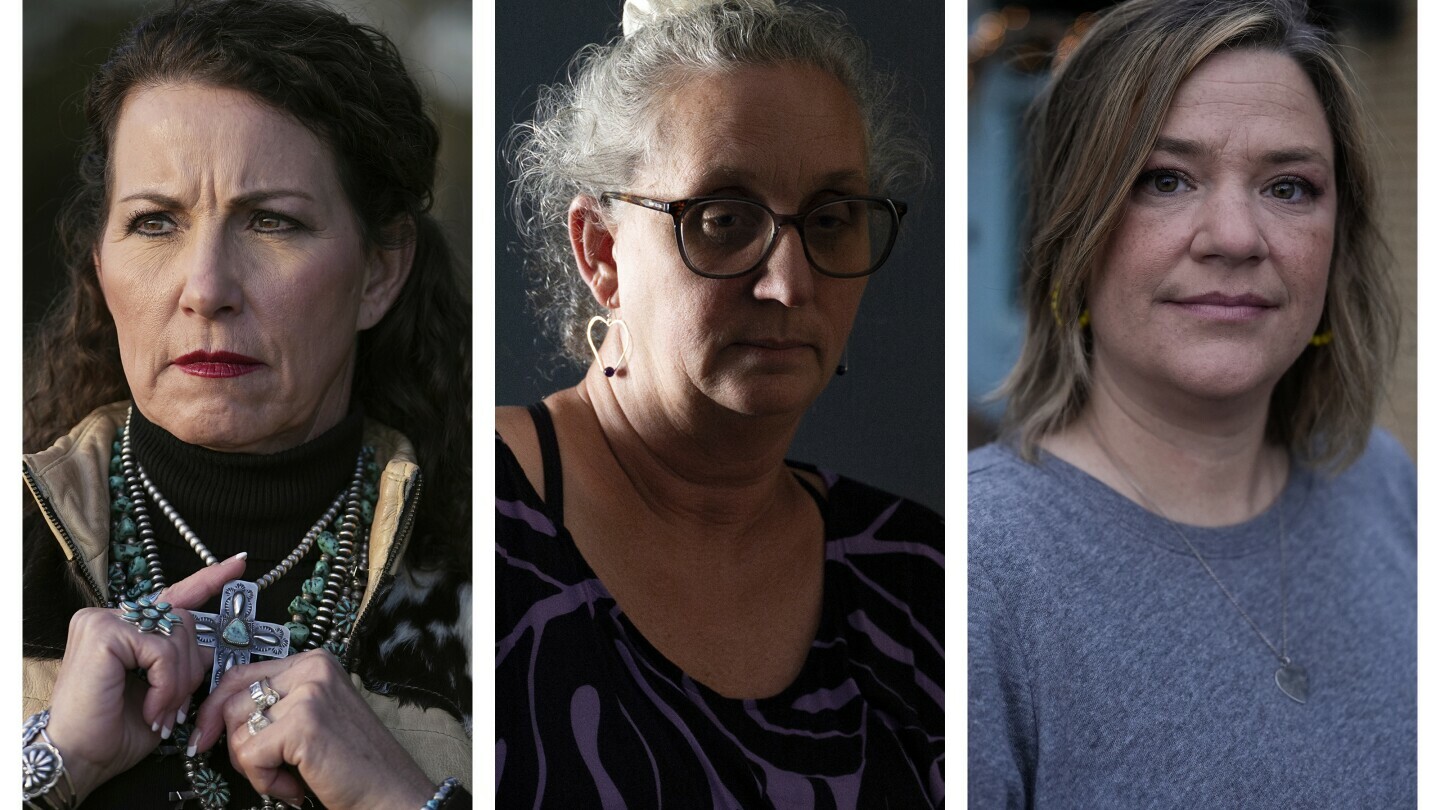 This combination of 2024 photos shows, from left, Sheri Autrey, Pam Walton and Lisa Webb, former members of the Christian sect “Two by Twos.” (AP Photo/Tony Gutierrez, Mengshin Lin, Mike Stewart)