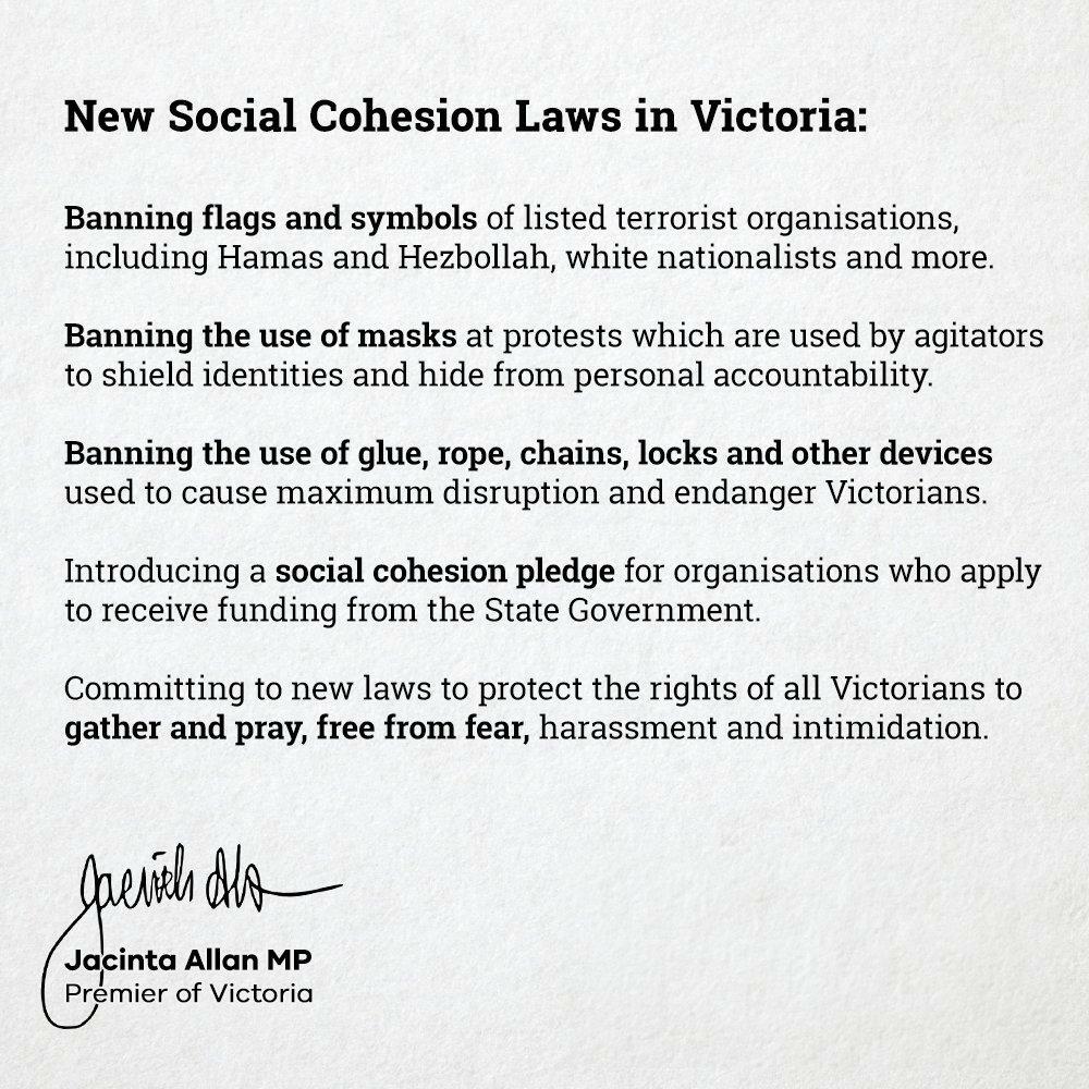 A piece of promotional material from the Premier of Victoria, regarding new social cohesion laws. Banning the wearing of masks at protests and requiring organisations to sign a social cohesion pledge.