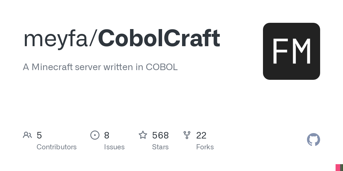 A Minecraft server written in COBOL. Contribute to meyfa/CobolCraft development by creating an account on GitHub.