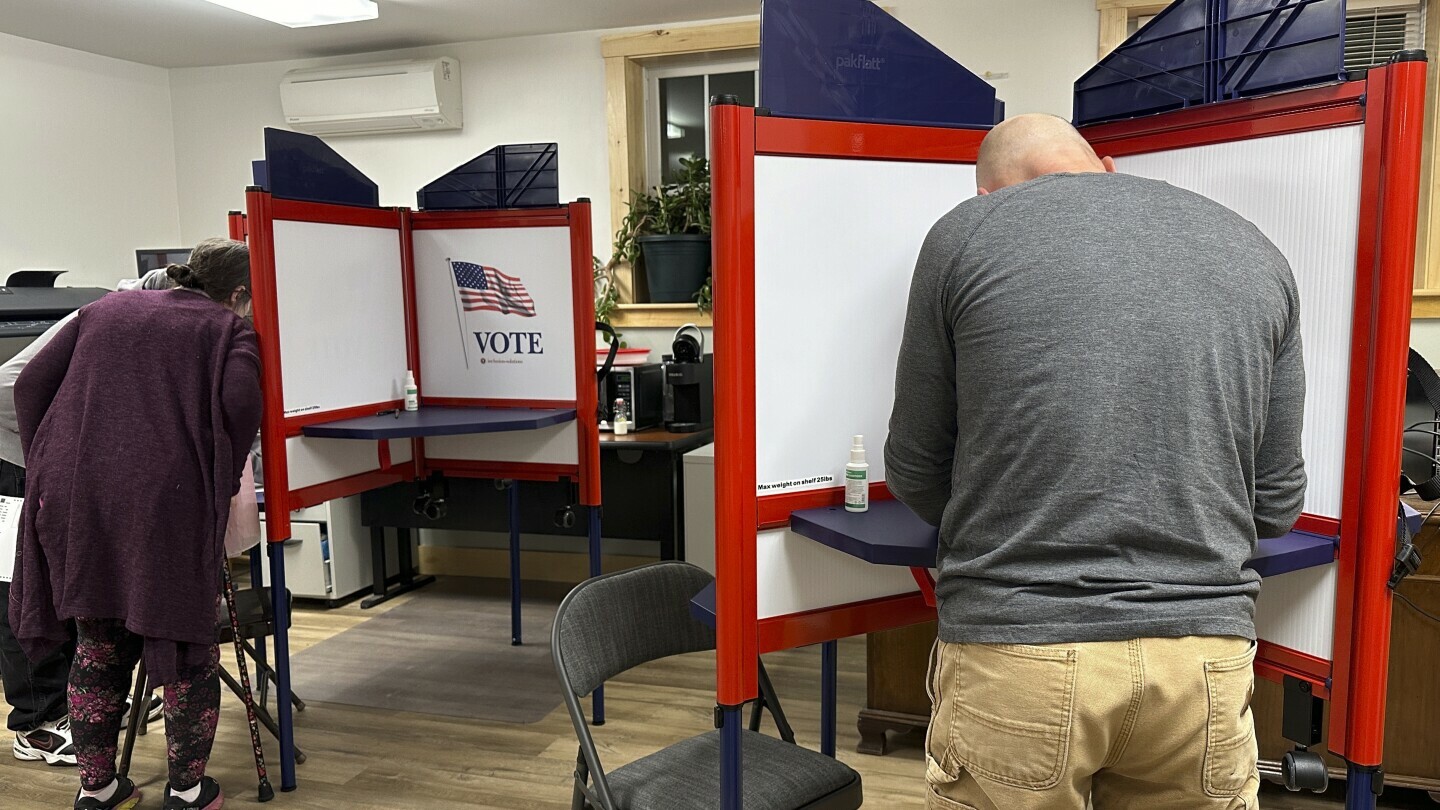 Voters fill out ballots in the municipal offices in Cabot, Vt., on Election Day, Nov. 5, 2024. (AP Photo/Lisa Rathke, File)
