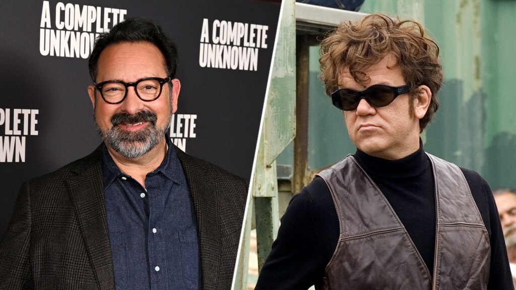 James Mangold poses on the 'A Complete Unknown' red carpet; John C. Reilly channels Bob Dylan in a still from 'Walk Hard: The Dewey Cox Story'.