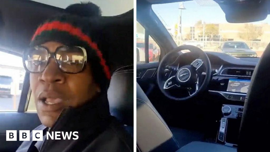 Split screen of a man facing the camera on the left and the steering wheel and driving area of a driverless car on the right.