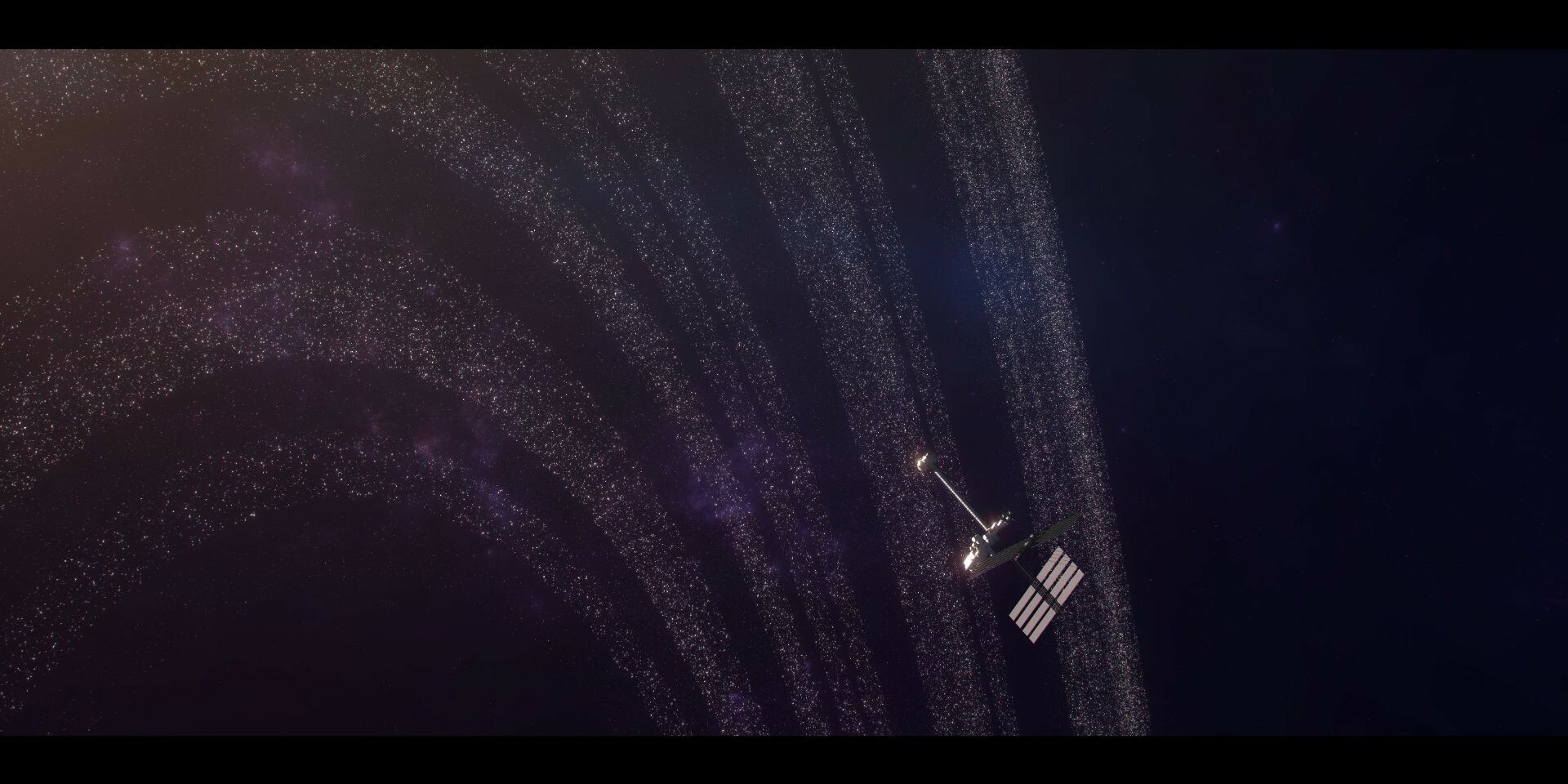 Science fiction space scape showing a planets rings with a space-station is also visible in the foreground in orbit around the planet.