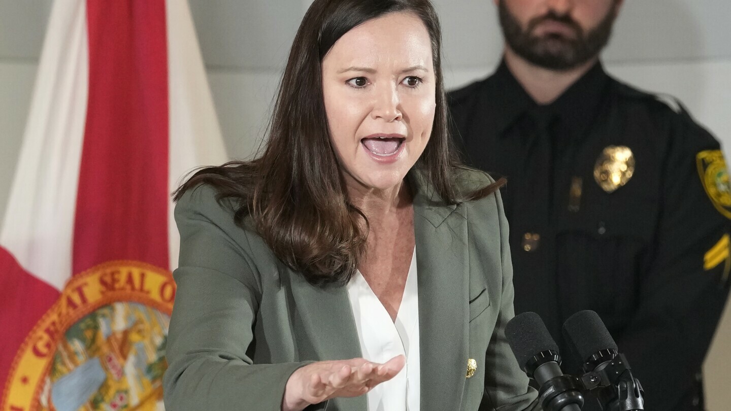 Florida Attorney General Ashley Moody speaks at a news conference, Jan. 26, 2023, in Miami. (AP Photo/Marta Lavandier, File)