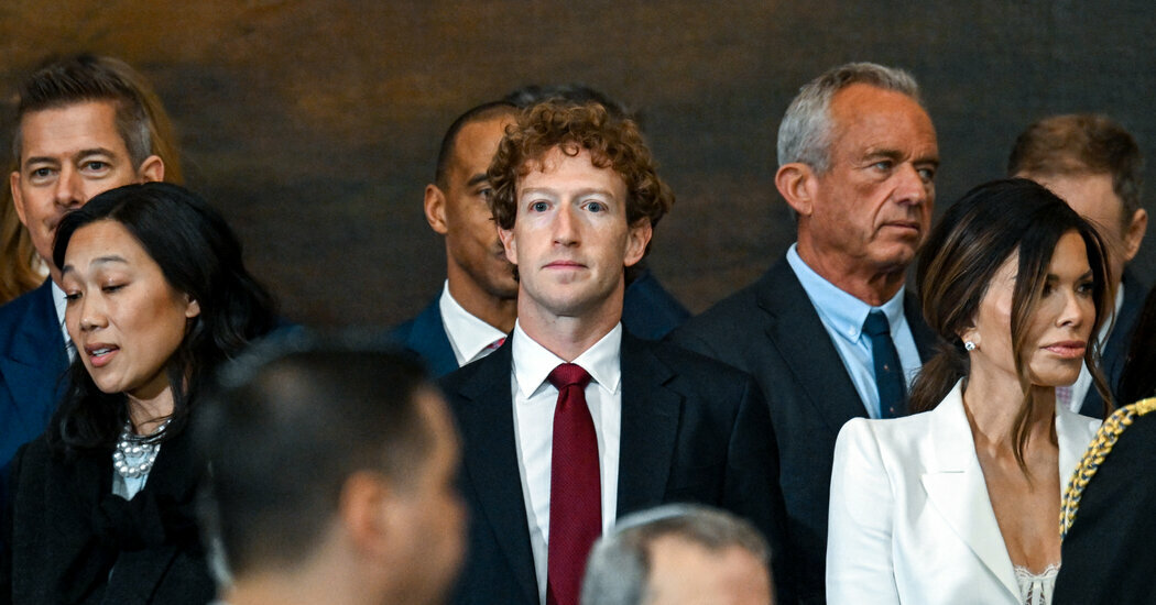 Mark Zuckerberg, Meta’s chief executive, attending the inauguration ceremony for President Trump. Instagram and Facebook are under scrutiny after Meta made changes to its speech policies.