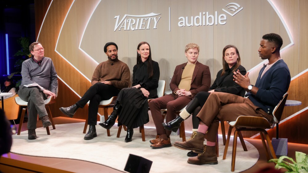 Brent Lang, Andre Holland, Juliette Lewis, Ronan Farrow, Rachel Ghiazza, Mamoudou Athie speak onstage at Variety x Audible Cocktails and Conversations at Sundance on January 24, 2025 in Park City, Utah.