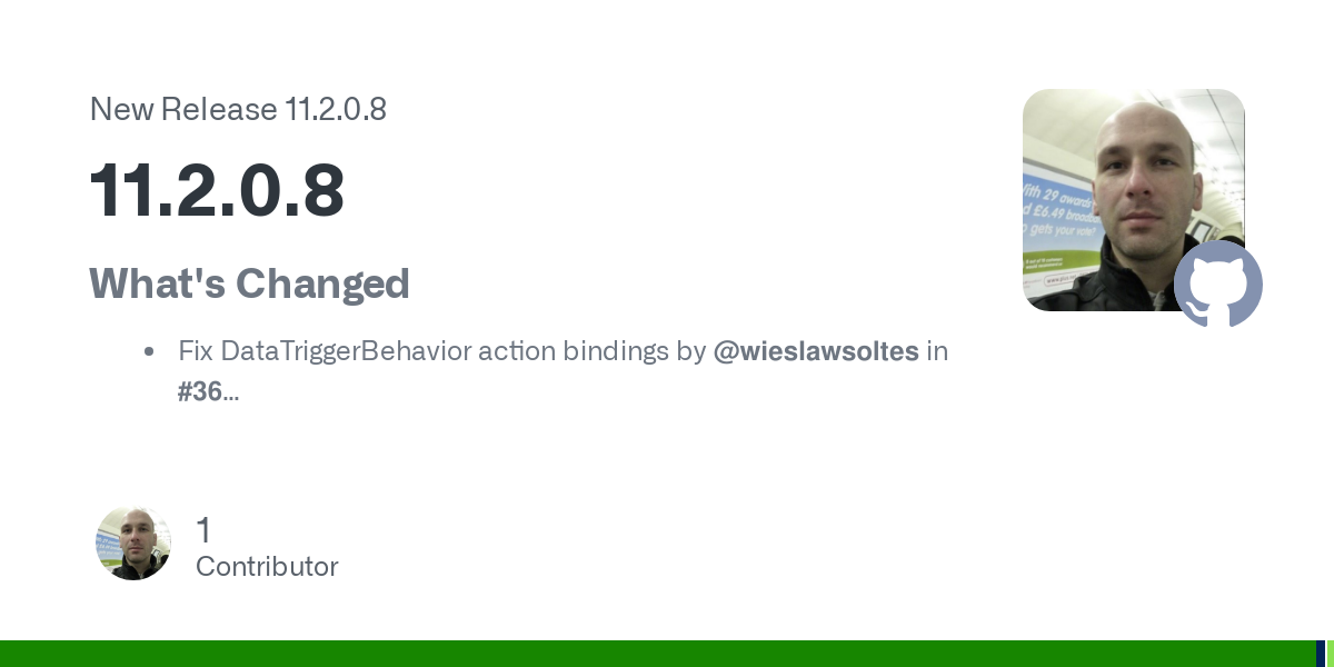 What's Changed

Fix DataTriggerBehavior action bindings by @wieslawsoltes in #36

Full Changelog: 11.2.0.7...11.2.0.8
