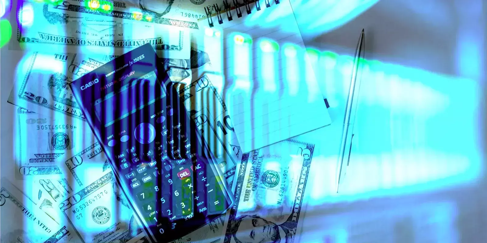 A table top is covered with dollar bills and a calculator. This is a semi-transparent overlay of a rack of glowing servers. Omnious bills boi