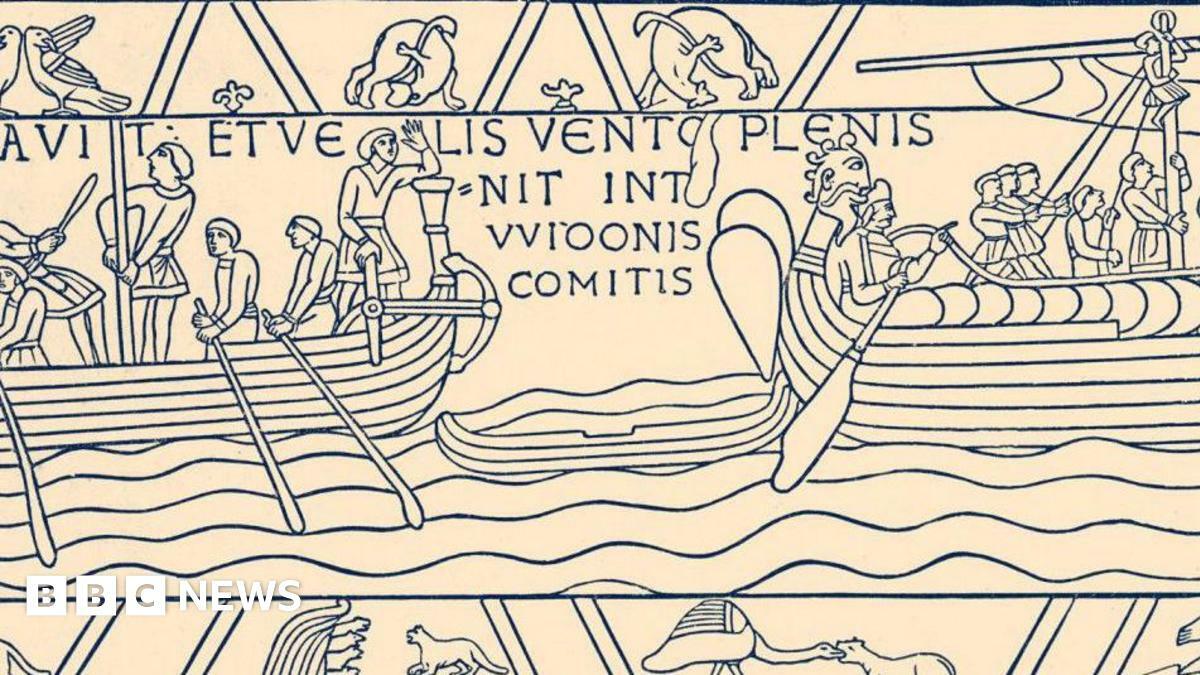Bayeux Tapestry: Harold sailing from Bosham to Ponthieu in1064. A 19th century illustration.