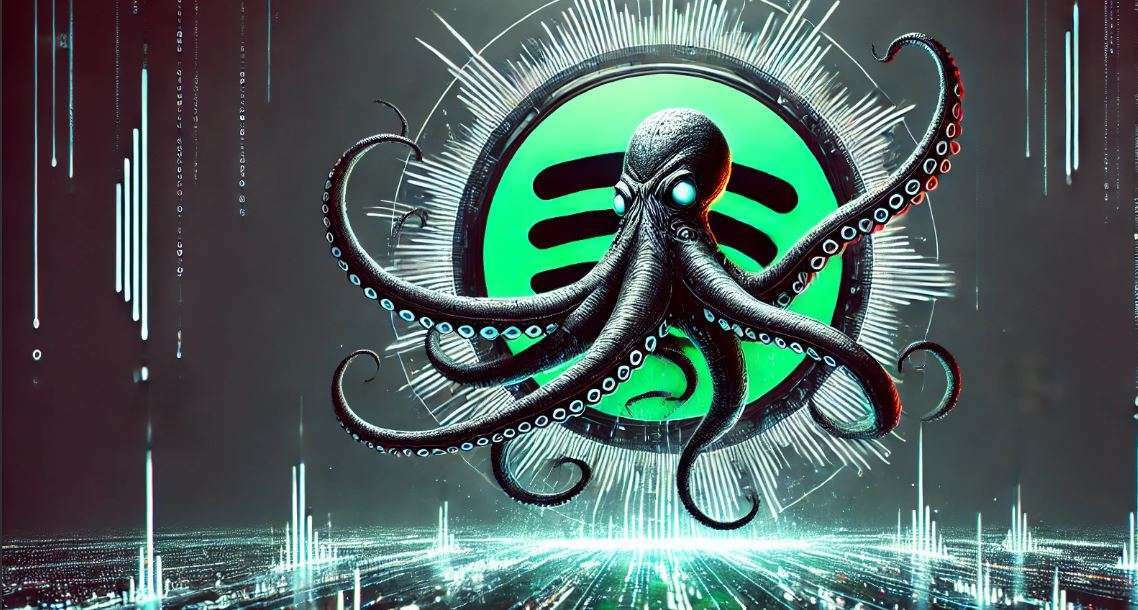 Bild einer Krake vor dem Logo von Spotify die über einer Visualisierung von Daten schwebt