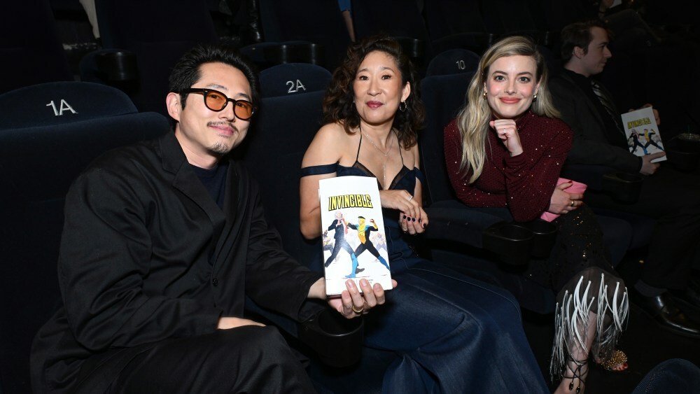 CULVER CITY, CALIFORNIA - FEBRUARY 03: (L-R) Steven Yeun, Sandra Oh, and Gillian Jacobs attend Prime Video's "Invincible" Season Three Los Angeles special screening at The Culver Theater on February 03, 2025 in Culver City, California. (Photo by Vivien Killilea/Getty Images for Prime Video)