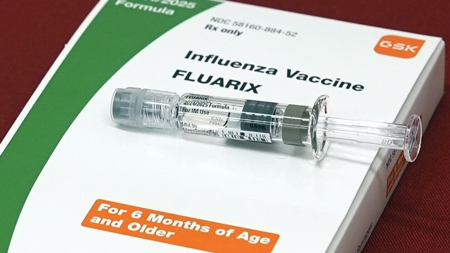 A flu vaccine is displayed at a pharmacy in New York, on Tuesday, Sept. 24, 2024. (AP Photo/Mary Conlon, File)