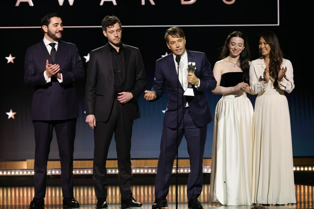 Vache Tovmasyan, Alex Coco, Sean Baker, Mikey Madison and Samantha Quan accept the Best Picture award for "Anora" onstage during the 30th Annual Critics Choice Awards at Barker Hangar on February 07, 2025 in Santa Monica, California.