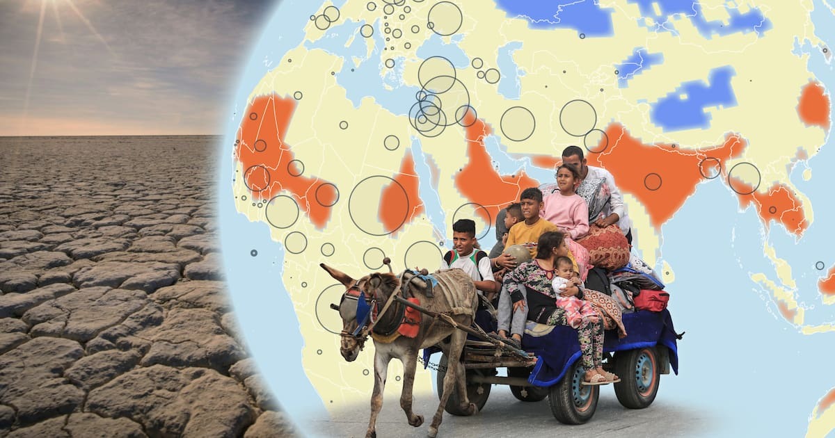 Ein Wagen mit einer Familie, der von einem Esel gezogen wird, steht in der Mitte, links ein großer Globus mit Kringeln auf manchen Ländern und rechts ein Foto einer Dürre und einer sengenden Sonne.