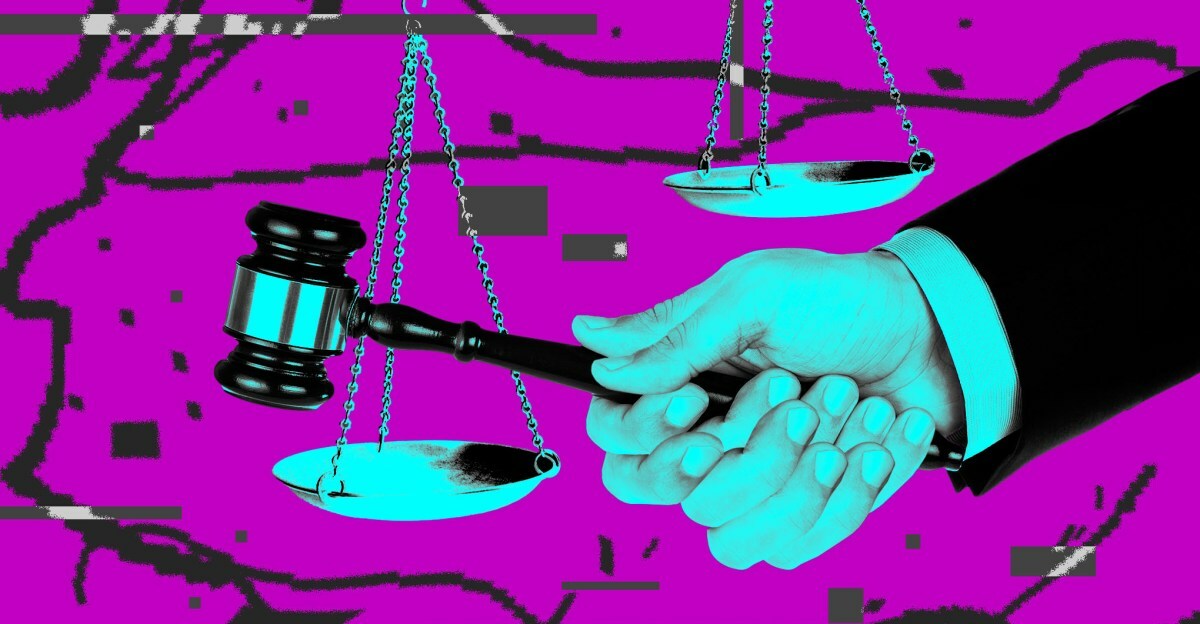 Digital photo collage of a judge with gavel whose hands has too many fingers.