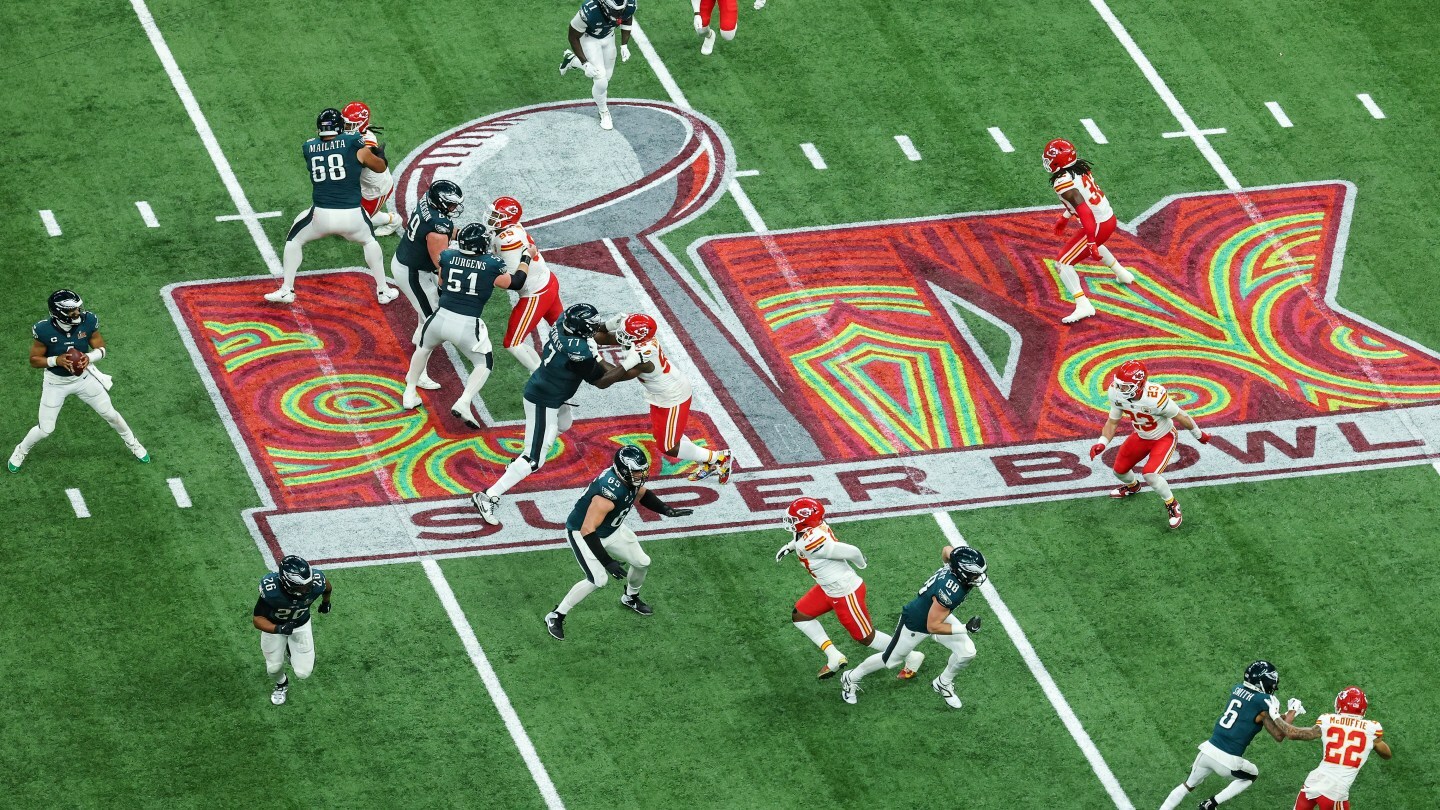 Jalen Hurts #1 of the Philadelphia Eagles drops back as he looks to pass against the Kansas City Chiefs during Super Bowl LIX at Caesars Superdome on February 09, 2025 in New Orleans, Louisiana.