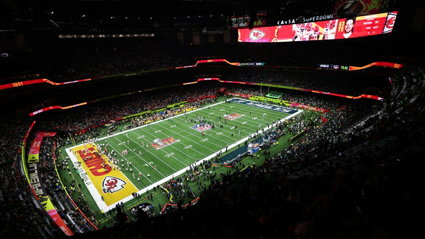 A general view of the inside of the stadium prior to Super Bowl LIX between the Kansas City Chiefs and the Philadelphia Eagles at Caesars Superdome on February 09, 2025.