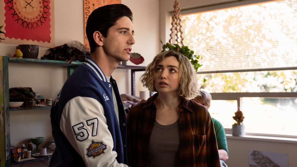 L-R: Milo Manheim as Wally Clark and Peyton List as Maddie Nears in School Spirits, episode 2, season 2, streaming on Paramount+, 2025. Photo Credit: Ed Araquel/Paramount+.