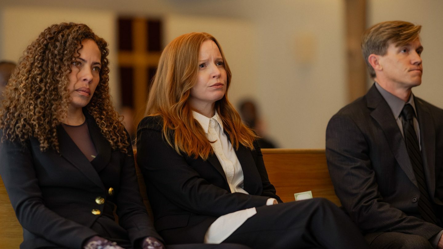 Tawny Cypress as Taissa, Lauren Ambrose as Van and Warren Kole as Jeff Sadecki in the 'Yellowjackets' season three premiere.