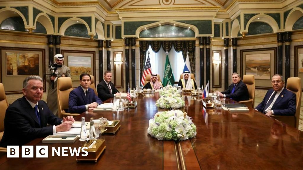 US Secretary of State Marco Rubio with Saudi Foreign Minister Prince Faisal bin Farhan Al Saud, Saudi National Security Adviser Mosaad bin Mohammad Al-Aiban, US National Security Advisor Mike Waltz, US Middle East envoy Steve Witkoff, Russian Foreign Minister Sergei Lavrov and Russian President Vladimir Putin's foreign policy adviser Yuri Ushakov, at Diriyah Palace in Riyadh