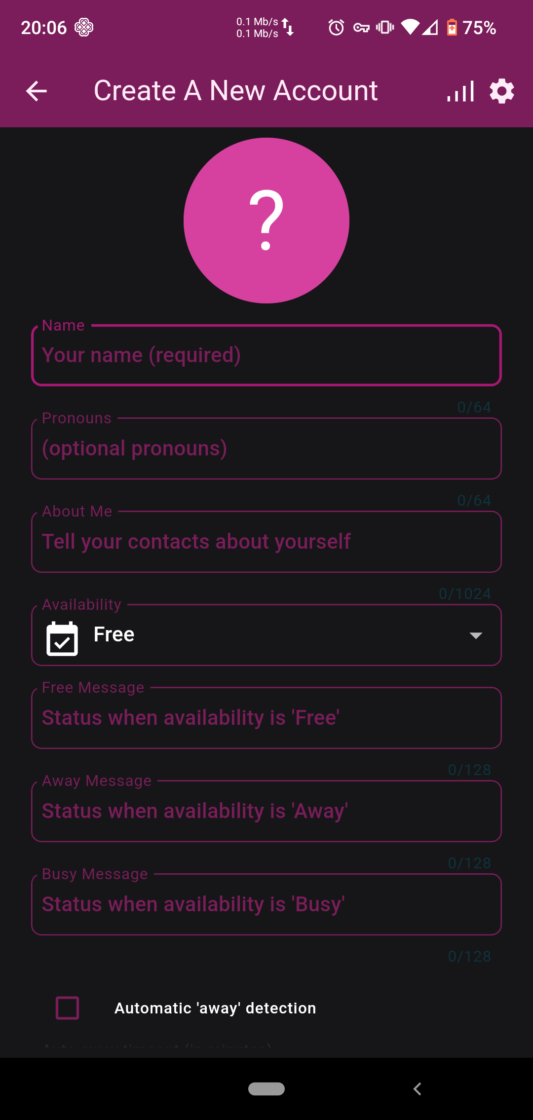Screenshot of "create a new account" form with "Pronouns" as the second field right after "Name".