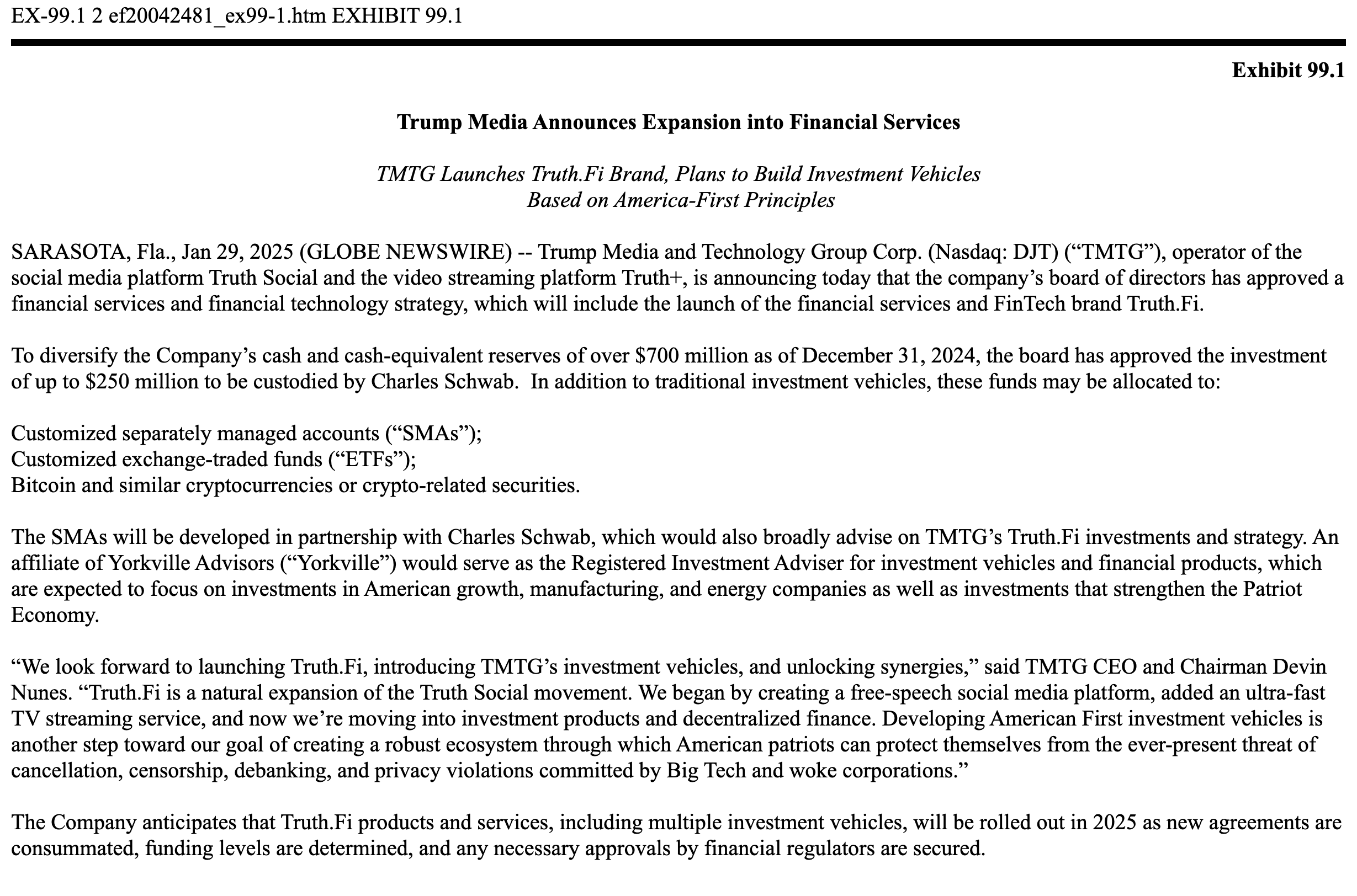 Image shows text of the press release (link is in post) with header and subheader: Trump Media Announces Expansion into Financial Services - TMTG Launches Truth.Fi Brand, Plans to Build Investment Vehicles Based on America-First Principles