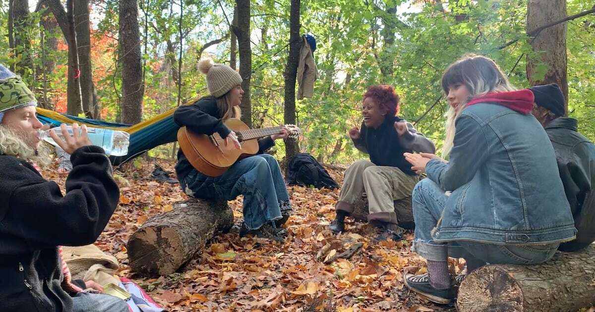 A group of teens in a park with a guitar.