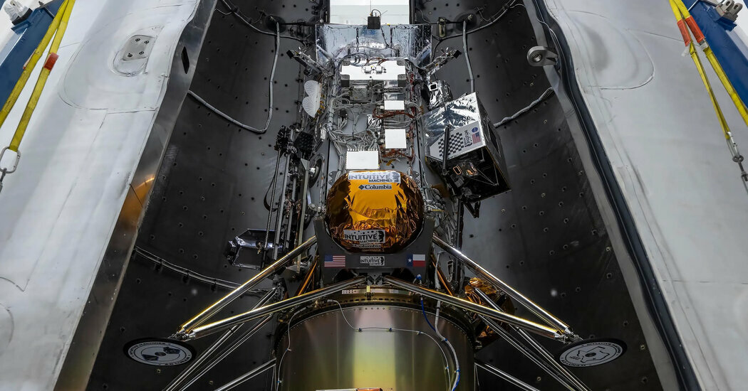 Intuitive Machines’s Athena lunar lander before being encapsulated in a SpaceX Falcon 9 rocket.