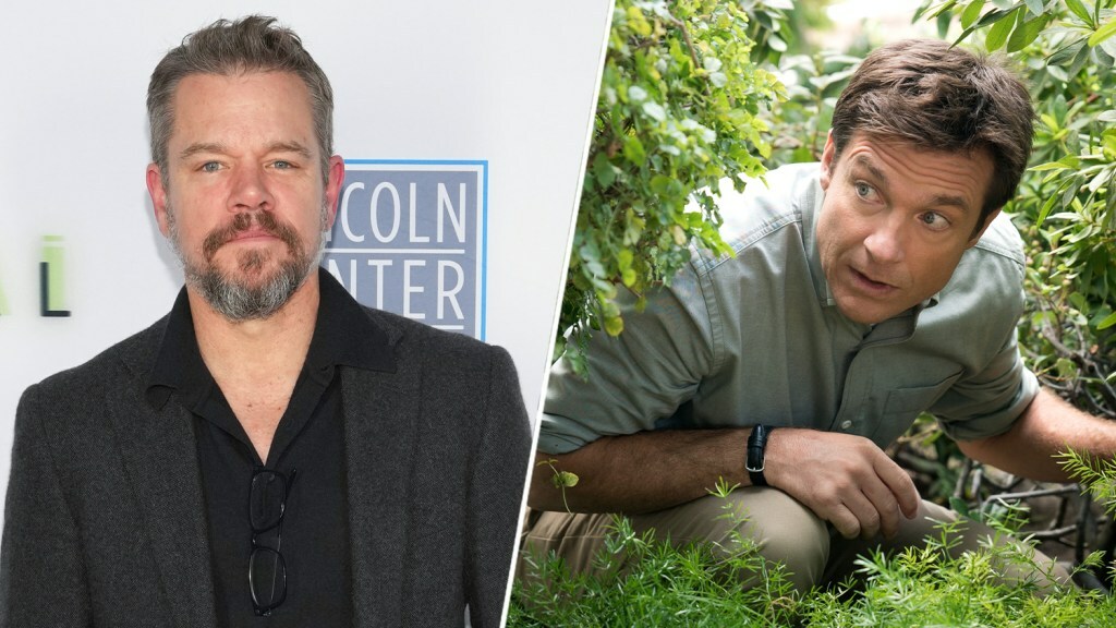 Matt Damon poses on a red carpet; Jason Bateman hides in bushes in a still from 'Arrested Development'.