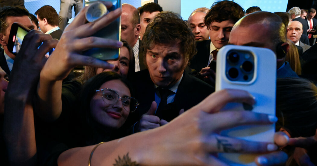 Mr. Milei greeted his followers after giving a speech during the Conservative Political Action Conference in Buenos Aires, in December.